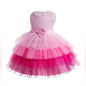 Baby Girl Bow Front Layered Mesh Hem Tie Back Party Dress